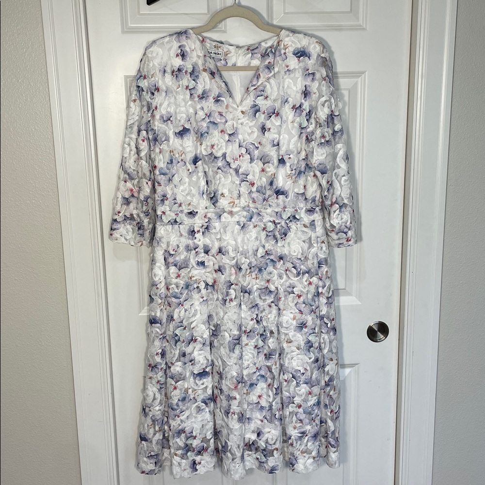 Nora Noh Indigo Pansy Dress Women’s Size 12 Floral 3D Midi 3/4 Sleeve Split Neck - Picture 6 of 16
